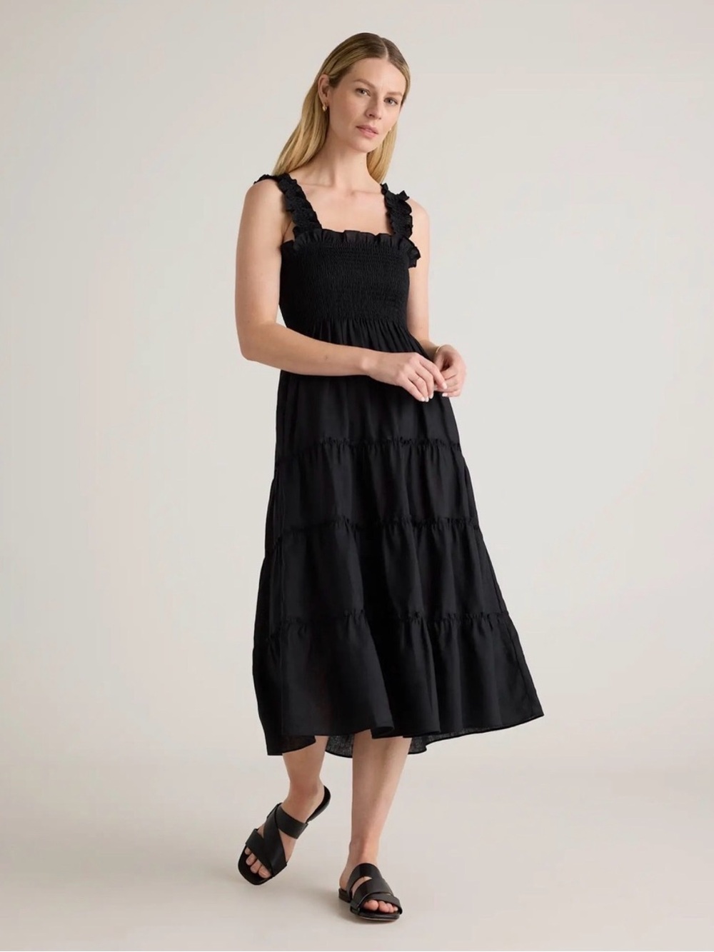 Quince Black Smocked Tiered Midi Dress